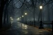 Misty park path under dark, rainy sky with street lamps. Generative AI