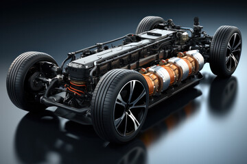 Poster - Concept of Authentic Electric Car Platform Chassis Prototype Standing in High Tech Industrial Machinery Design Laboratory. Hybrid Frame include Tires, Suspension, Engine and Battery.