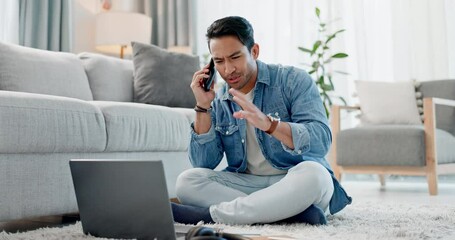 Poster - Phone call, laptop and man on floor for remote work, working from home and freelance job. Networking, communication and person on computer for planning, online conversation and discussion in house