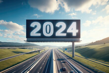 2024 New Year Road Sign On The Highway With Motion Blur.. Created With Generative AI Tools