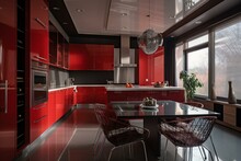 Red metal interior design in a stylish kitchen. Contemporary furniture, sleek appliances, and a comfortable dining area create an inviting space. Generative AI