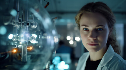 Wall Mural - a female biomedicine researcher conducts laboratory experiments, scientific equipment and cell cultures in view, her contributions to biomedical research