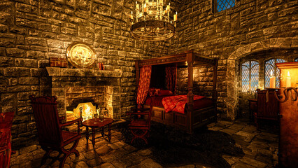 Poster - Medieval castle bedroom with open fireplace and four poster bed. 3D Render.
