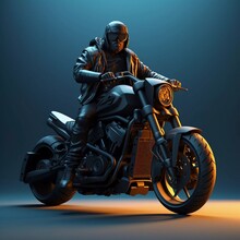 Male 3D Character Wearing A Black Jacket And Helmet Riding A Motorbike