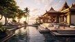 A Bali-inspired luxury beach villa with teak wood accents, ornate statues, and a tranquil koi pond, set against a beach sunset. Leave the bottom open for a logo or slogan.