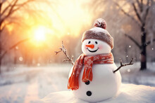 Cheerful Little Snowman In Hat And Scarf Outdoors On Winter Day