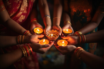 Woman hands holding small candles during diwali festival