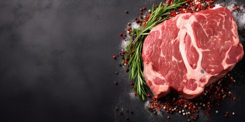 Poster - Raw fresh meat lamb mutton saddle. Gray background. Top view. Copy space. : Generative AI