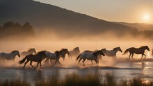 A Wild Herd Of Natural Horses Crossing The River, Golden Hour.