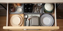 Top view modern housewife tidying up kitchen cupboard during general cleaning or tidying up. Female neatly placing dishware and cutlery in drawer of table. Storage organization Konmati : Generative AI