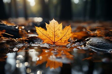 Poster - A portrait of a yellow and brown colored fallen leaf, fallen down into a puddle of water during fall. The leaf is accompagnied by other leaves. : Generative AI