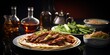Creatively lit succulent classic Chinese shredded Peking duck with Hoisin sauce and flour pancakes with sliced scallions and cucumber garnish. Copy space. : Generative AI