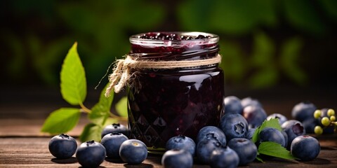 Poster - Blueberry jam with fresh berries on an old wooden table. Copy space. : Generative AI