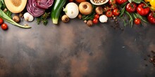 Raw Organic Vegetables With Fresh Ingredients For Healthily Cooking On Vintage Background, Top View, Banner. Vegan Or Diet Food Concept. Background Layout With Free Text Space. : Generative AI