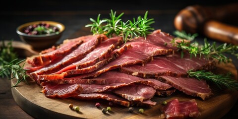 Pastrami slices, dried beef meat with herbs in wooden plate. Wooden background. Top view. Copy space : Generative AI