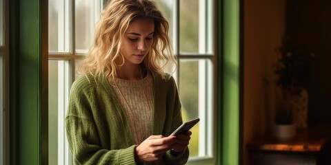 Young woman in a green sweater using a mobile phone by the window in her country house : Generative AI