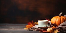 Thanksgiving Food Concept. Autumn Table Setting With Plate, Tea Cup, Pumpkins, Sunflower And Warm Plaid Or Sweater, Comfort And Cozy Brick Wood Home Background Copy Space : Generative AI