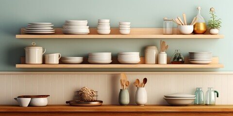 Kitchen utensils and dishware on wooden shelf : Generative AI