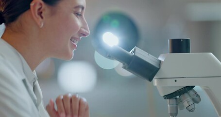 Poster - Science, research and happy woman with microscope, future technology and biotech data in laboratory. Medical innovation, scientist or lab technician in study for healthcare, medicine and vaccine test
