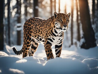 portrait of leopard in the snowy forest