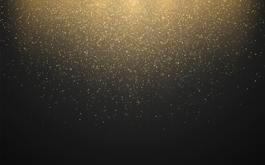 Wall Mural - Glitter black background. Gold falling confetti. Sparkling explosion with light. Abstract flying particles. Golden shimmer effect. Holiday gold dust. Vector illustration