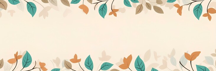 Wall Mural - an autumn leaf frame with place for text, in the style of light beige and teal, mid-century, cute cartoonish designs, horizontal banner pattern with autumn bright leaves in retro color template.