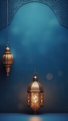 Poster - Ramadan Kareem background banner. Islamic Greeting Cards for Muslim Holidays and Ramadan. Blue banner with moon and lantern.