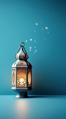 Poster - Ramadan Kareem background banner. Islamic Greeting Cards for Muslim Holidays and Ramadan. Blue banner with moon and lantern.