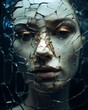 A woman's face in shattered glass or mirror reflection. Generative AI. 