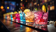 Food photography - A line of colourful cocktails on a bar, backlit, bright colours, fresh fruit