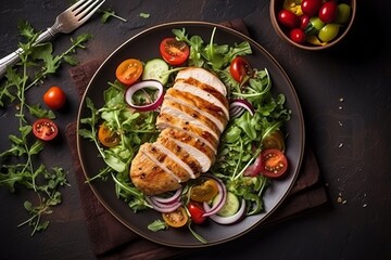 Top view of plate with Chicken fillet with salad