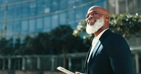 Poster - Mature man, tablet and outside of office park, work and texting for networking, smile and technology. City buildings, happiness and read email for notification, employee or startup business idea