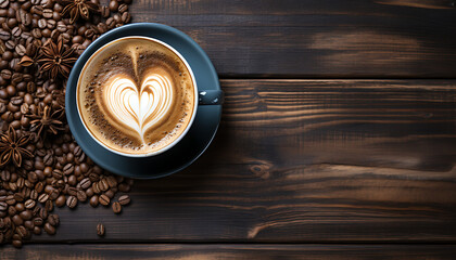 Professional food photography - Coffee in a blue cup on a wood background, heart shape