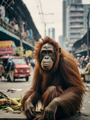 Wall Mural - A Photo of an Orangutan on the Street of a Major City During the Day