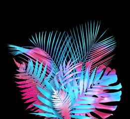 Sticker - Tropical leaves in neon colors on black background