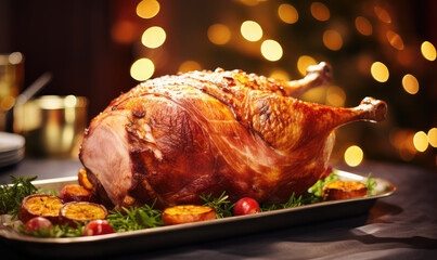 Wall Mural - Christmas smoked roast pork ham cut on wooden board with Christmas decoration.