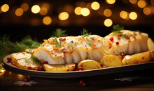 Delicious Christmas cod baked in super detail on a tray on the table decorated for Christmas Eve.