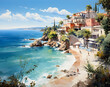 Fantasy travel destination like a Greek beach with coastline, waves, and buildings along the shore