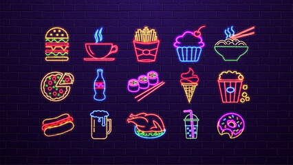 A set of neon glowing bright icons of fast food for a restaurant, cafe, bar and snack bars on a brick wall background in the colors blue, green, yellow and red.