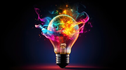 Wall Mural - lightbulb idea concept with colorful liquidof splashing unique creative idea on black background, ge