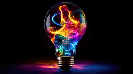 Wall Mural - lightbulb idea concept with colorful liquidof splashing unique creative idea on black background, ge