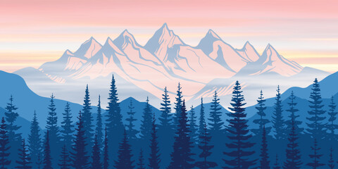 Wall Mural - Sunrise in the mountains, forest and morning fog, vector illustration
