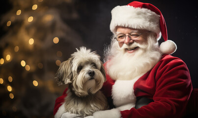  Santa Claus with a dog on his lap sitting on the chair looking at the camera in a photoshoot.