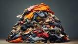Fototapeta  - large pile stack of textile fabric clothes and shoes. concept of recycling, up cycling, awareness to global climate change, fashion industry pollution, sustainability, reuse of garment