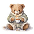 Cute teddy bear in a warm knitted sweater with a cup of coffee.