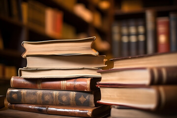 Close up old books on the table in library