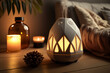 Oil diffuser and humidifier with leaves symbol. ultrasonic technology that freshens the air in homes. Aromatherapy, wellness lifestyle and holistic remedy concept.