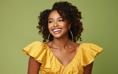 happy fashion smiling African American girl with bright summer dress in solid light background