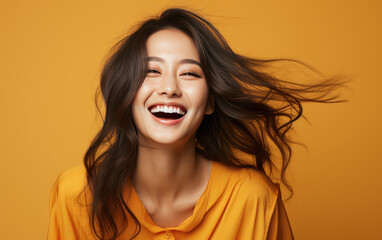 Wall Mural - happy fashion smiling girl with bright clothing in solid light background
