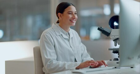 Poster - Science, research and happy woman with computer, typing and biotech data report in laboratory. Medical innovation, scientist or lab technician in study in healthcare, medicine or online test feedback